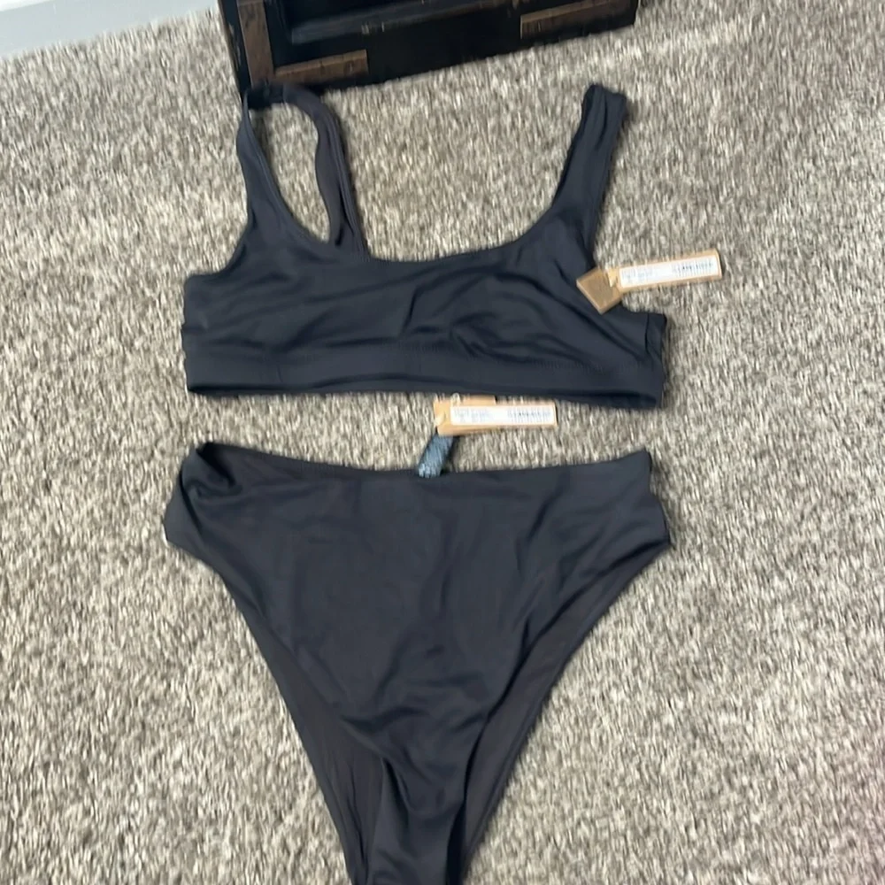 NWT SKIMS Signature Swim Mid Waist Bottom & tank bikini top Onyx Black Sz large